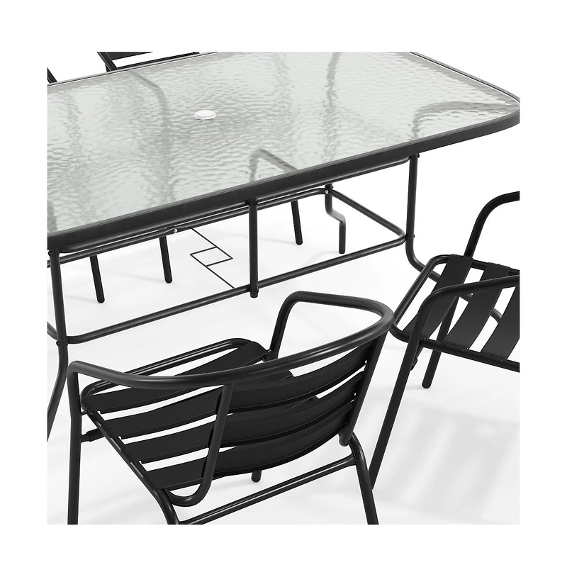Patio Table & Chairs Set With Rectangular Metal Table With Tempered Glass Top And Stacking Chairs