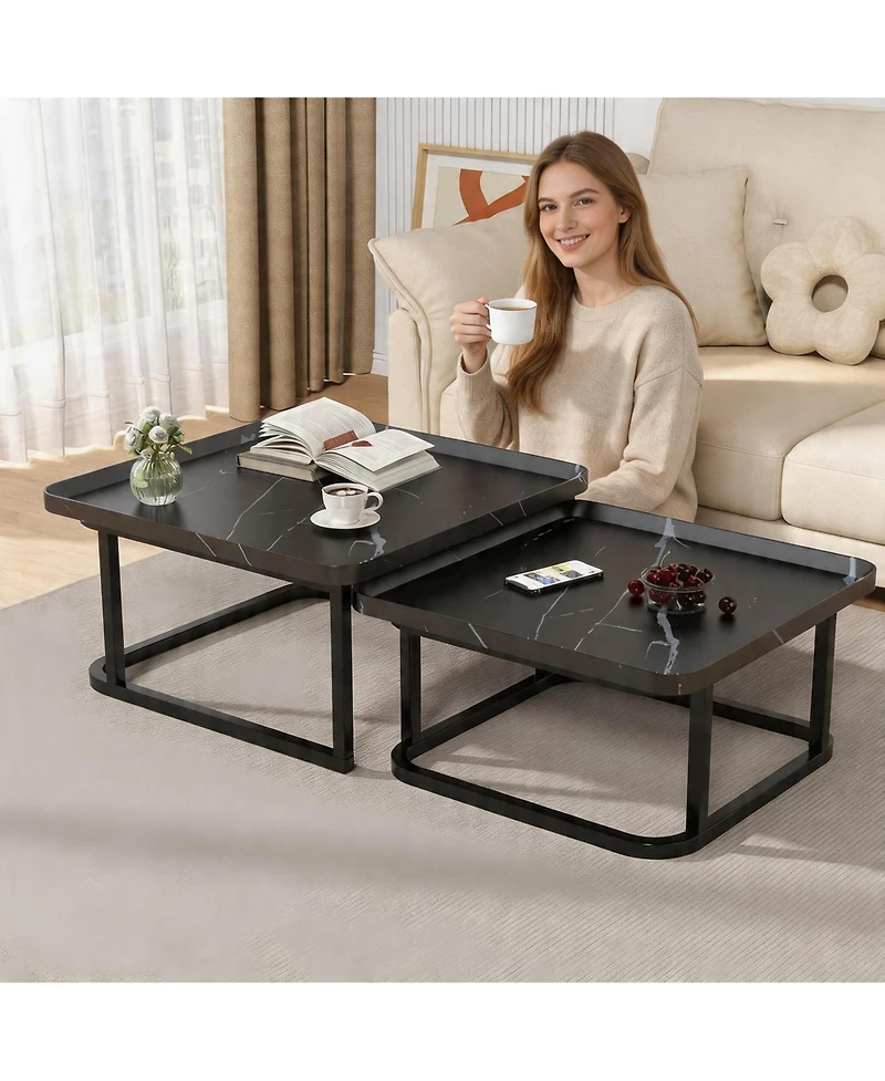gaomon Square Nesting Coffee Table Set of 2, Wooden Side Tables with Raised Edge and Metal Legs, Space-Saving End for Living Room.