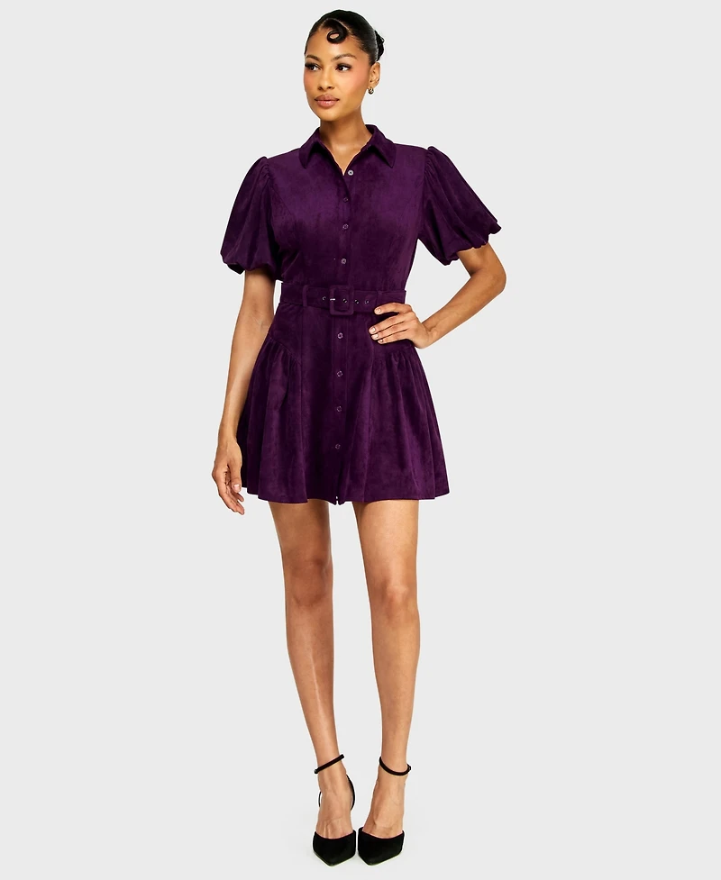 Alex & Sophia Juniors' Collared Neck Suede Belted Mini Dress