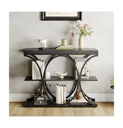homfan Narrow 3-Tier Console Table for Entryway, Hallway, or Behind Sofa, Metal Frame, Wood Grain Finish