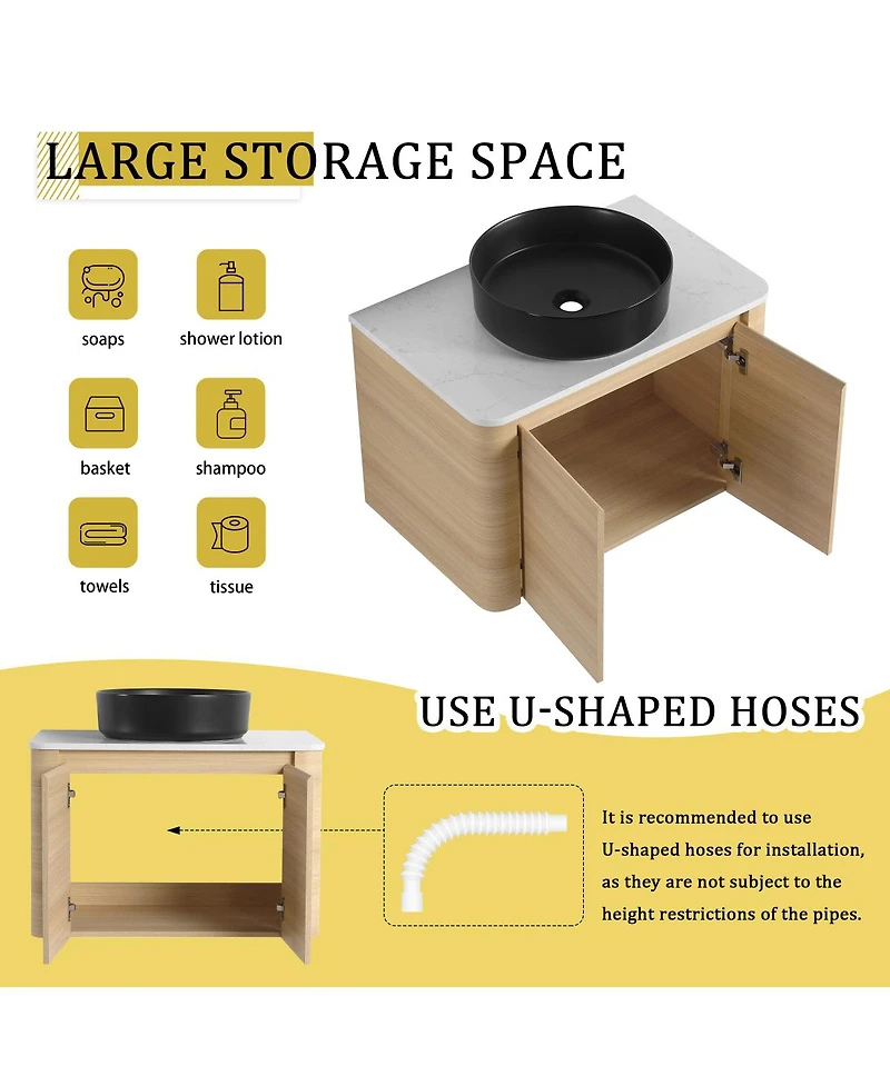 Sillysis Wall Mounted Modern Bathroom Vanity with Plywood Cabinet, Stone Countertop