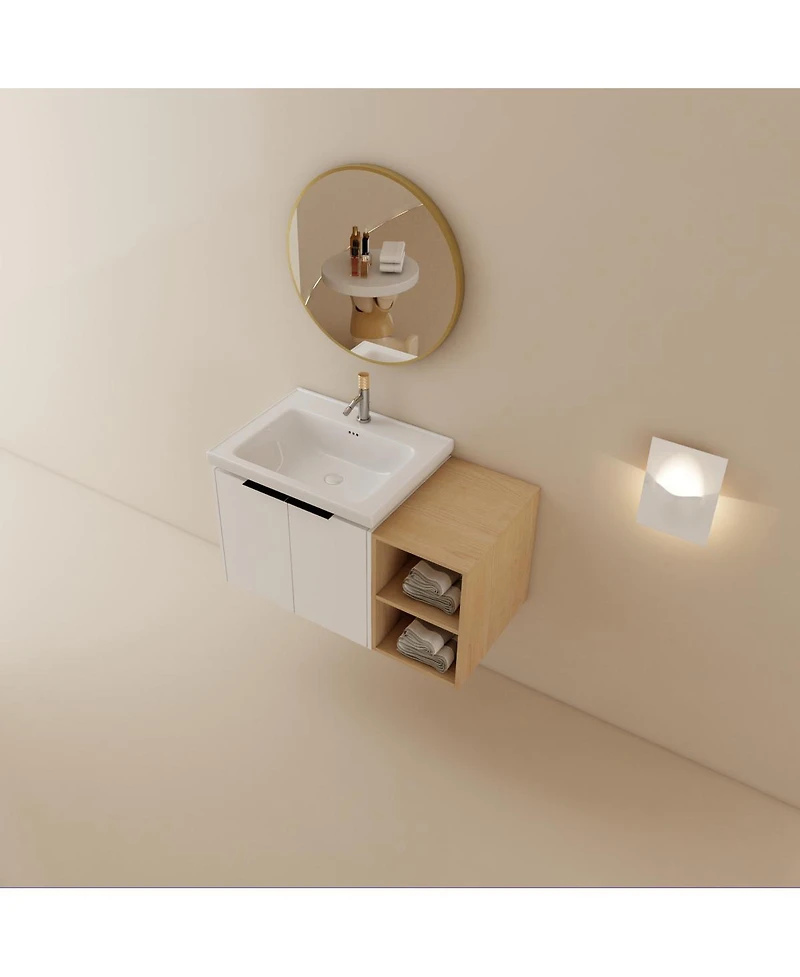 Sillysis Inch Wall Mounted Bathroom Vanity with Ceramic Sink, Storage Shelves, Soft Close Doors
