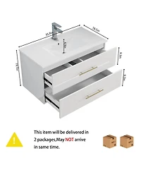 Sillysis Wall Mounted Bathroom Vanity with Ceramic Sink, Double Drawers, Modern Glossy Cabinet for Small Spaces