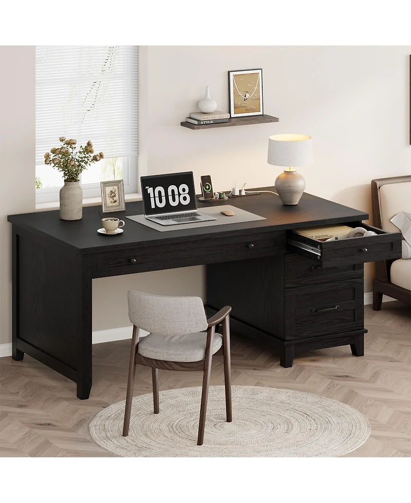 Gaomon Farmhouse Computer Desk with Charging Station, Rustic Black Home Office Executive Desk, Wooden Workstation with File Cabinet Storage Drawers