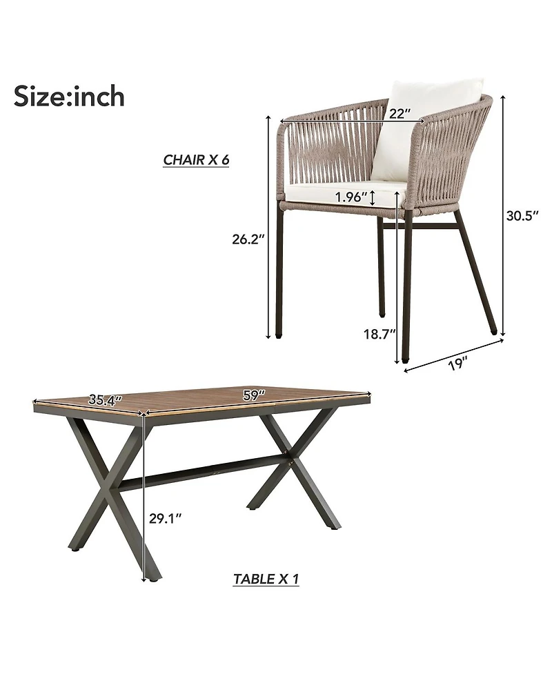Asagikoiai 7 Piece Outdoor Dining Set with Acacia Wood Table and Rope Chairs