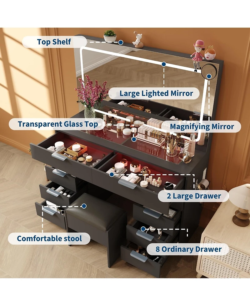 homfan Vanity Desk with Large Mirror and Lights, Set Power Outlet, Stool, 10 Drawers, Magnifying Glass, Hairdryer Holder, 3 Color Adjustable