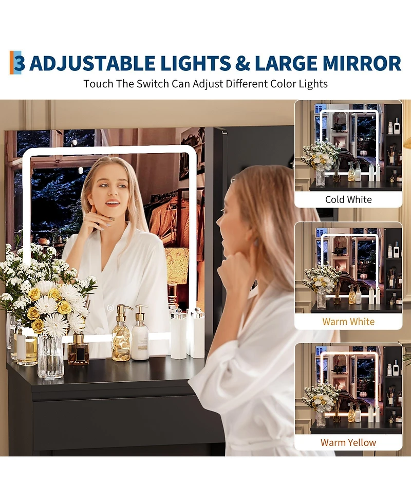 homfan Vanity Desk with Mirror and Led Lights, 4 Drawers, Power Outlet, Storage Stool, Shelves, Hair Dryer Holder, 3-Mode Lighting, Vanity Set