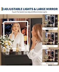 homfan Vanity Desk with Mirror and Led Lights, 4 Drawers, Power Outlet, Storage Stool, Shelves, Hair Dryer Holder, 3-Mode Lighting, Vanity Set