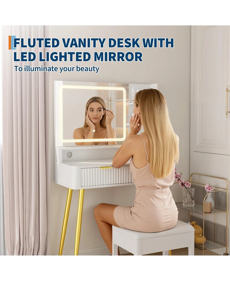 homfan 31.5" Led Makeup Vanity Desk with Lighted Mirror, 2 Drawers, 3 Color Lighting Modes and Built-in Power Outlet