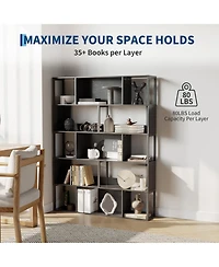 homfan Geometric Bookshelf, 74 Inch Metal 5 Tier Narrow Bookcase with Anti Tip Design for Living Room Home Office