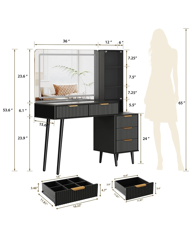 homfan Modern Fluted Vanity Desk 36" Led Mirror, Glass Top, 5 Drawers, 3-Tier Open Shelves, Built-in Charging Station, Dressing Table for Bedroom