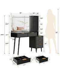 homfan Modern Fluted Vanity Desk 36" Led Mirror, Glass Top, 5 Drawers, 3-Tier Open Shelves, Built-in Charging Station, Dressing Table for Bedroom
