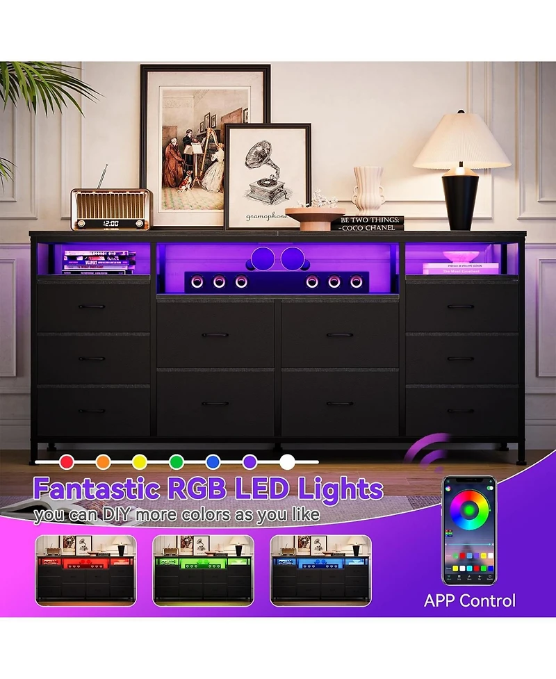 gaomon Dresser Tv Stand with 10 Fabric Drawers Built Usb Ports Led Lighting Wide Storage Unit for 75inch TVs