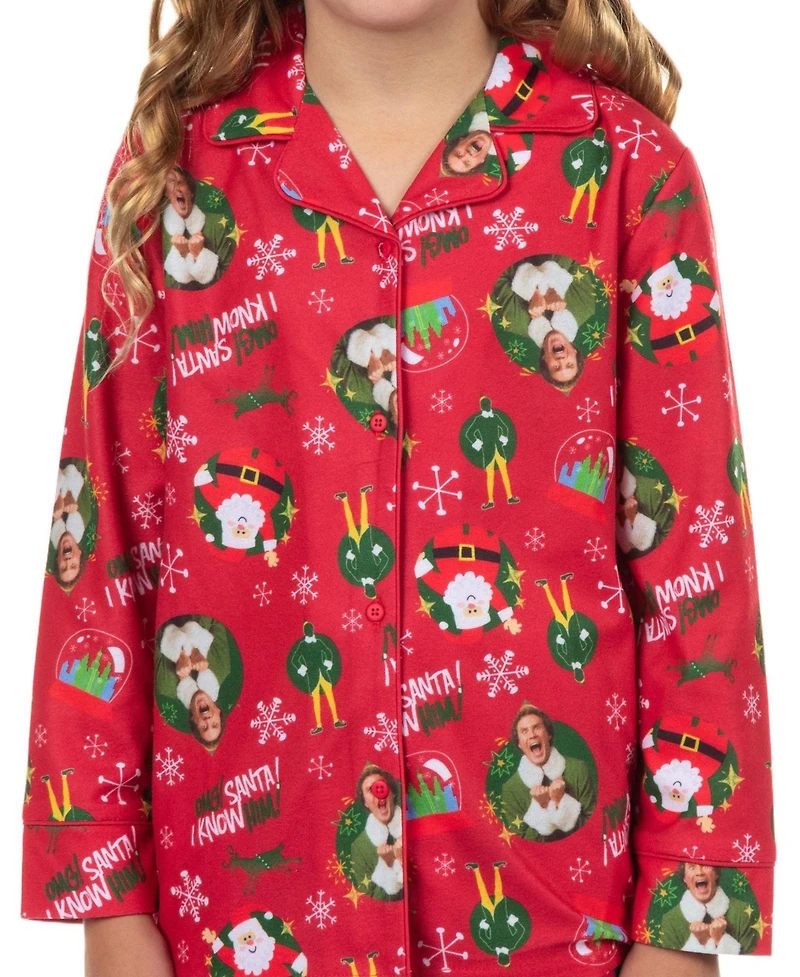 Elf Girls Pajamas Christmas Movie 7-16 I Know Him Coat Front 2-Piece Flannel Lounge Pajama Pant Set