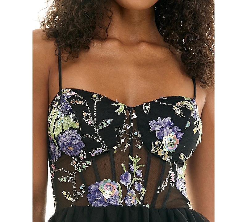 Seni & Cade Juniors' Embroidered Sweetheart Neck Mini Dress