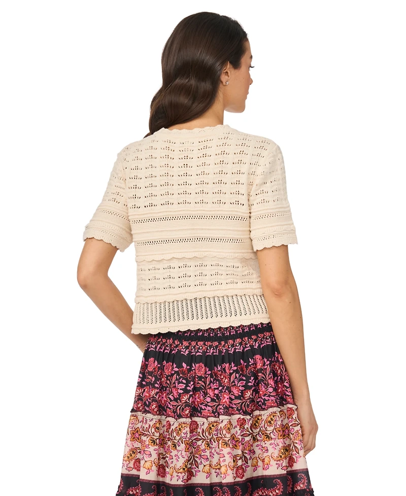CeCe Women's Multi-Stitch Pointelle Short-Sleeve Sweater