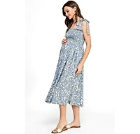 Hello Miz Women's Maternity Floral Smocked Sleeveless Tie-Shoulder Midi Dress
