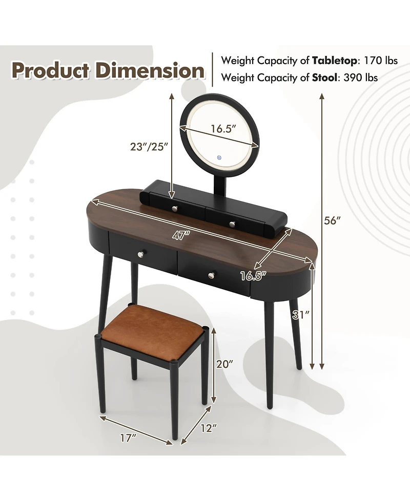 Gouun Makeup Vanity Table Set with Led Mirror and 3 Spacious Drawers