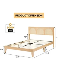 gaomon Deluxe Wooden Bed Frame with Natural Rattan Headboard, Modern Rustic Style and Strong Wood Slat Support