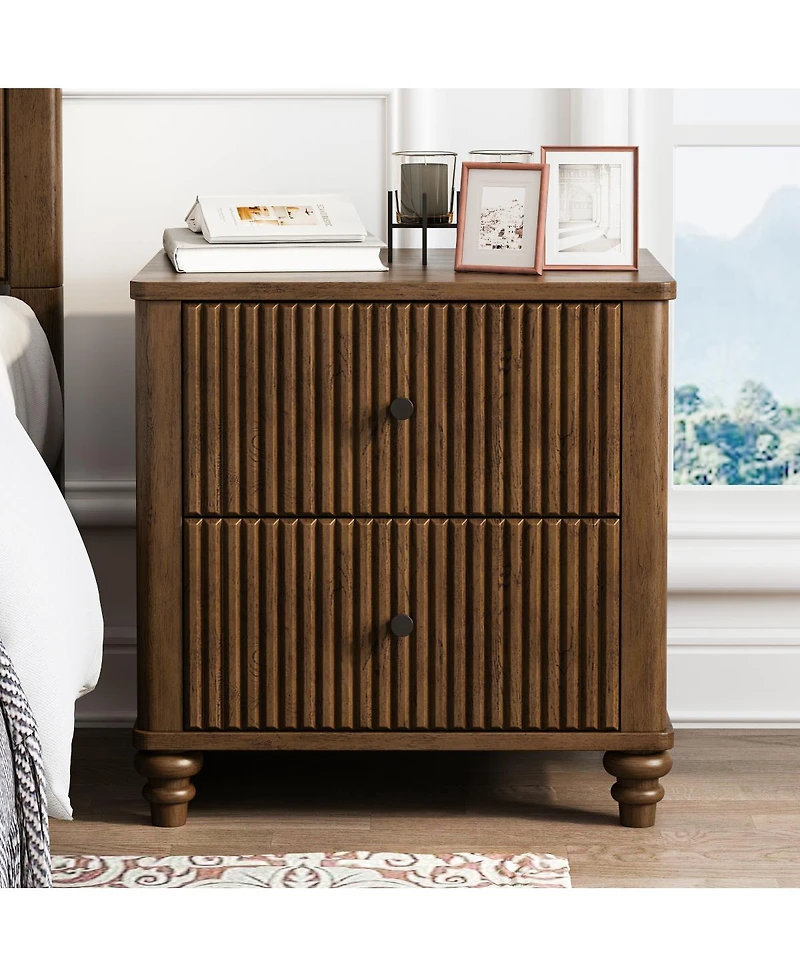Streamdale Furniture Fluted 3-Drawer Nightstand Set Mid-Century Modern Wood Side Table (2-Piece