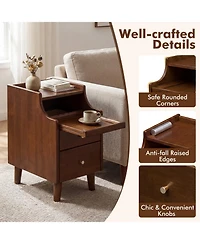 Gymax Wood Nightstand w/ 2 Drawers Narrow Bedside Table w/ Pull-out Tray and Cable