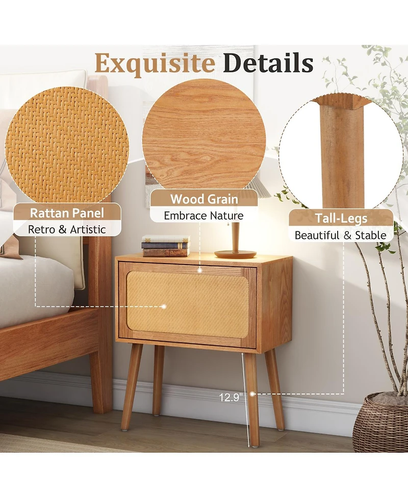 Streamdale Furniture Rotating Hidden Compartment Mid-Century Modern Rattan Nightstand