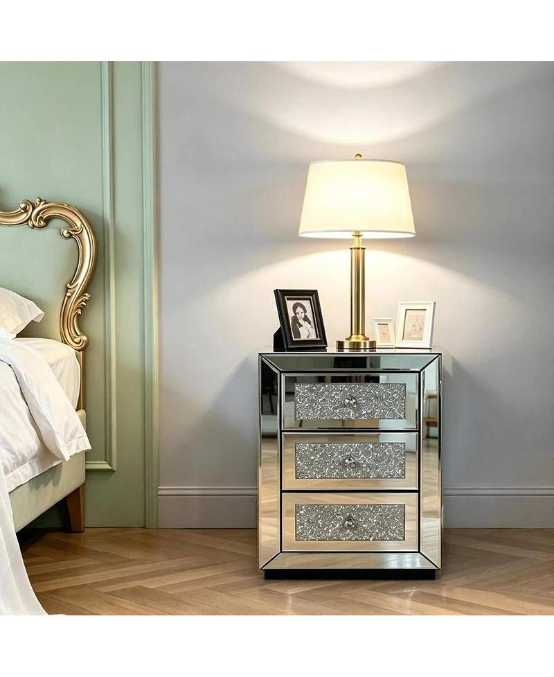 Streamdale Furniture 3-Drawer Mirrored Nightstand Bedside Table Glass Accent End Table Silver