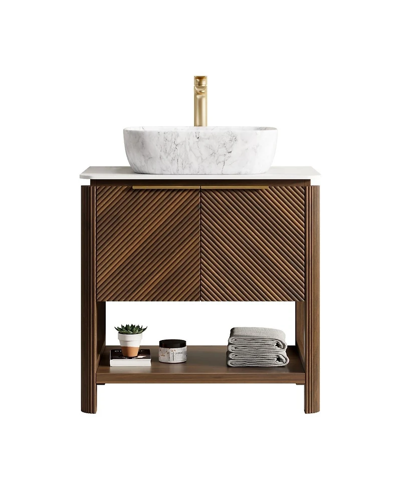 Sillysis Modern Bathroom Vanity with Vessel Sink, Sintered Stone Countertop, Soft Close Solid Wood 3D Doors