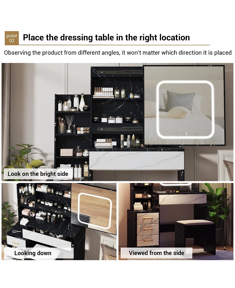 homfan Vanity Desk with Sliding Led Mirror, 4 Drawers, Storage Shelves, Power Outlet, Cushioned Stool, 3-Light Makeup Table, Marble