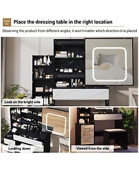 homfan Vanity Desk with Sliding Led Mirror, 4 Drawers, Storage Shelves, Power Outlet, Cushioned Stool, 3-Light Makeup Table, Marble