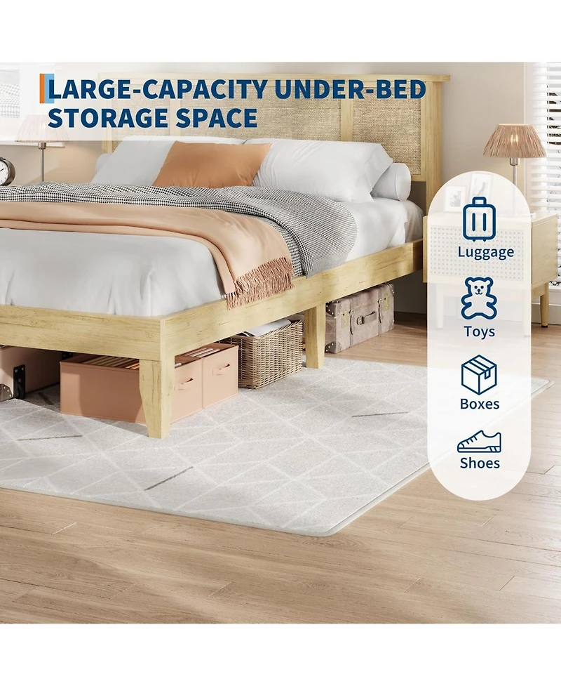 gaomon Bed Frame with Natural Rattan Headboard, 4 Drawers, Sturdy Metal Base, Boho-Style Cane Support, No Box Spring Required