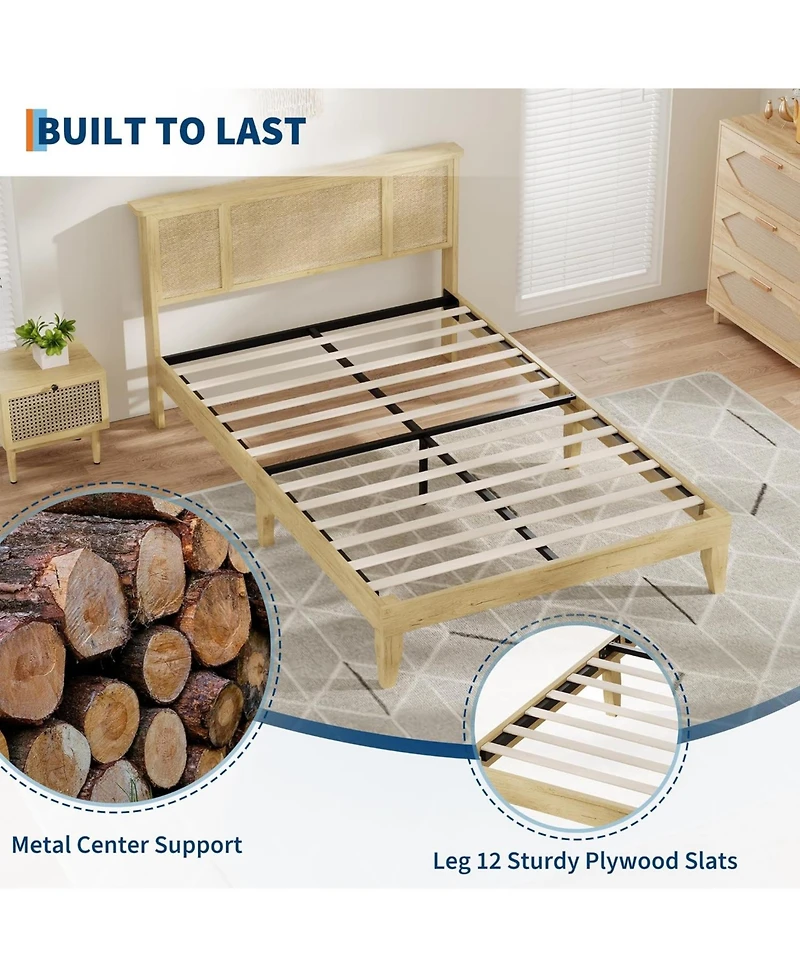 gaomon Bed Frame with Natural Rattan Headboard, 4 Drawers, Sturdy Metal Base, Boho-Style Cane Support, No Box Spring Required