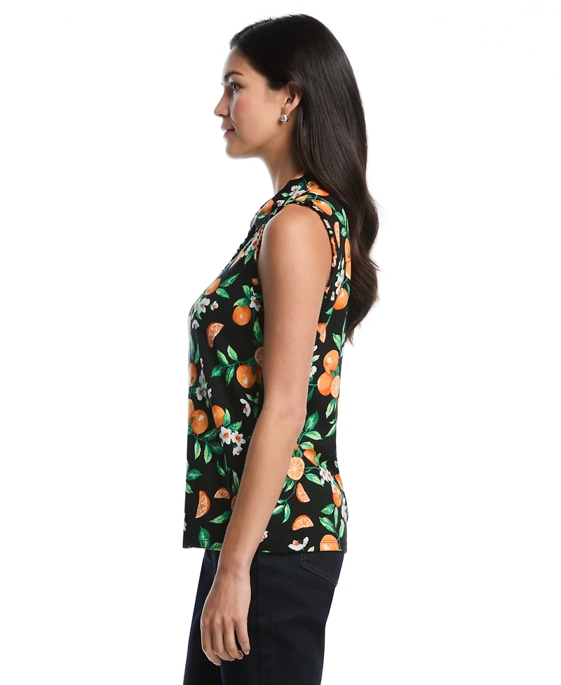 Rafaella Petite Orange Print Ruffle-Trim Sleeveless Polo Shirt