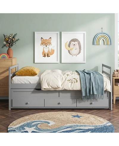 Sailvan Bed with Headboard, Footboard, Trundle and 3 Storage Drawers, Pine Wood Bed