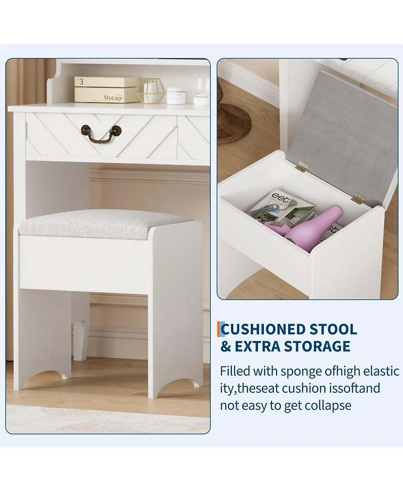 gaomon Vanity Desk with Sliding Mirror, Led Lights, Charging Station, Hair Dryer Rack, Stool, Drawers and Storage Modern Extendable Makeup Table