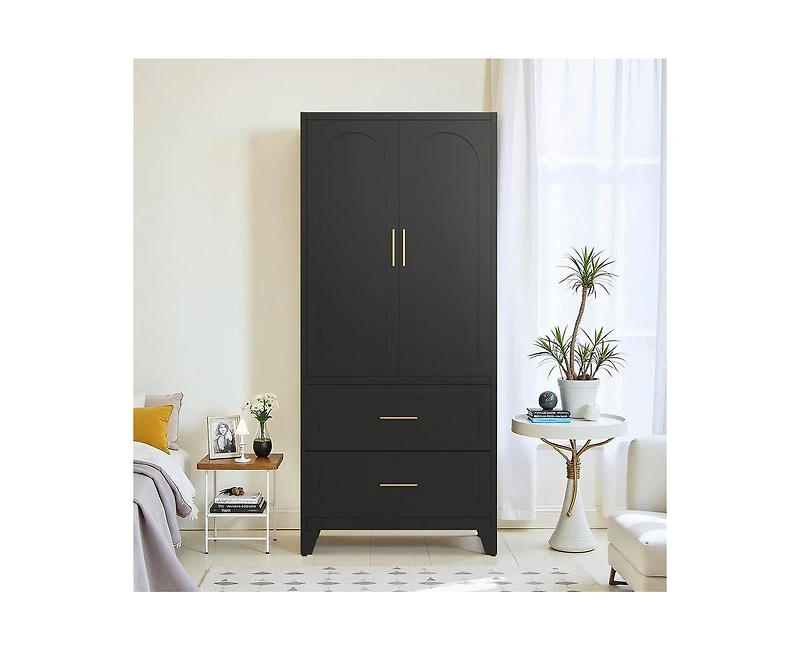 71" Tall Metal Storage Cabinet with 2 Drawer and Hanging Rod Wardrobe 2 Doors Wardrobe Closet with Shelf