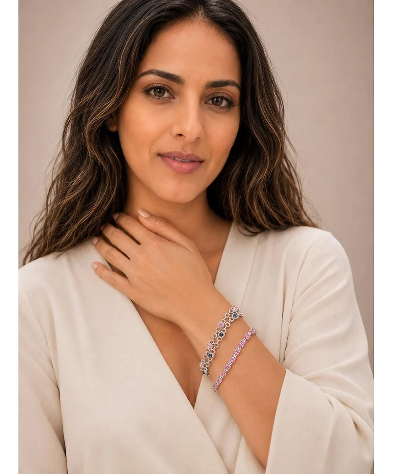 Suzy Levian New York Sterling Silver Sapphire Halo Pave Link Tennis Bracelet