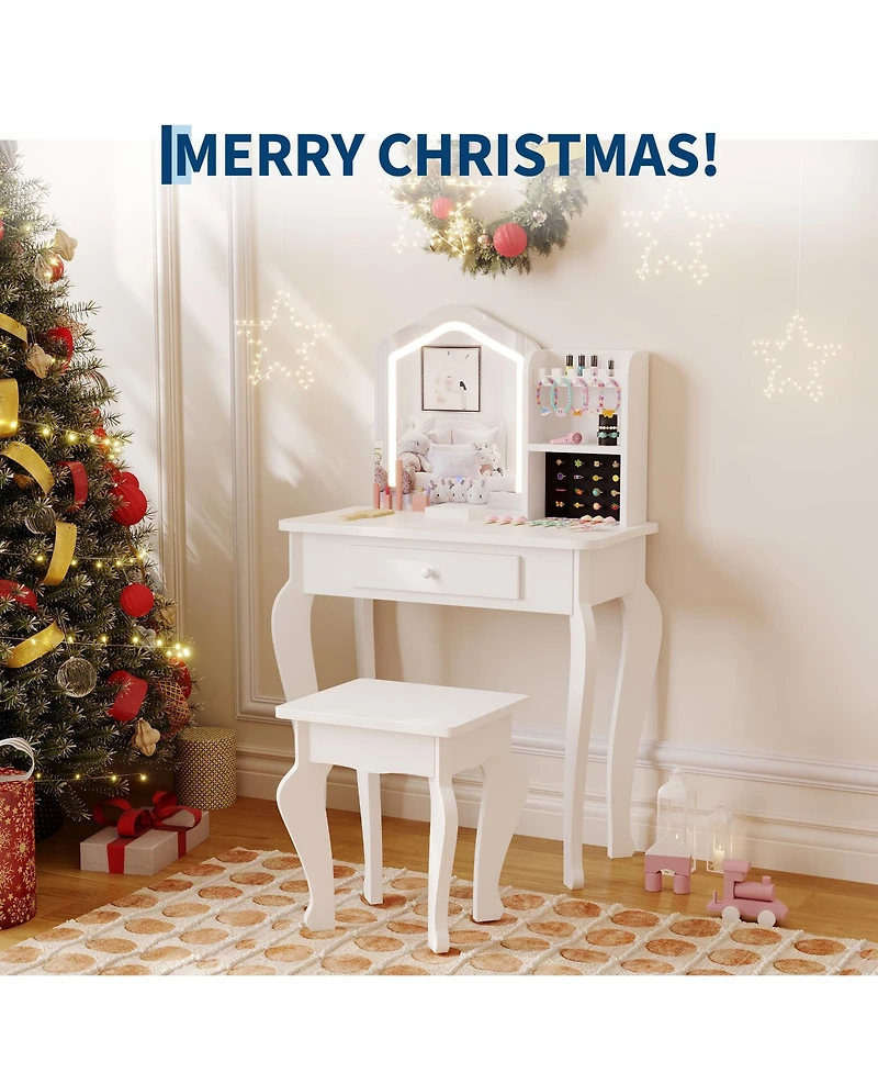 homfan Lighted Mirror Kids Vanity Set with Stool, Makeup Table Playset for Little Girls Ages 3-8, Elegant, Functional Design, Ideal for Bedroom