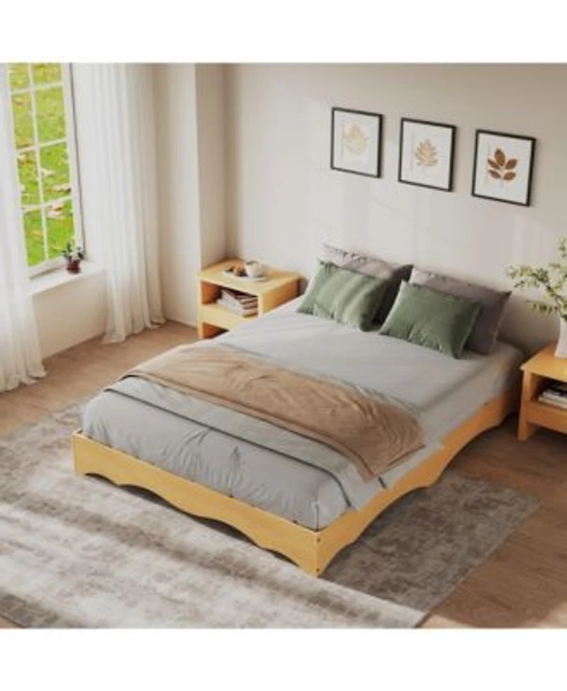 Homfan Minimalist Wave Edge Wood Platform Bed Frame Sturdy Noise Free Easy Assembly No Box Spring Low Profile
