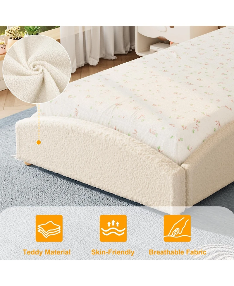 homfan Upholstered Floor Bed for Kids, Teddy Fabric Soft Frame with Cloud Shaped Guardrails