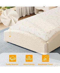 homfan Upholstered Floor Bed for Kids, Teddy Fabric Soft Frame with Cloud Shaped Guardrails