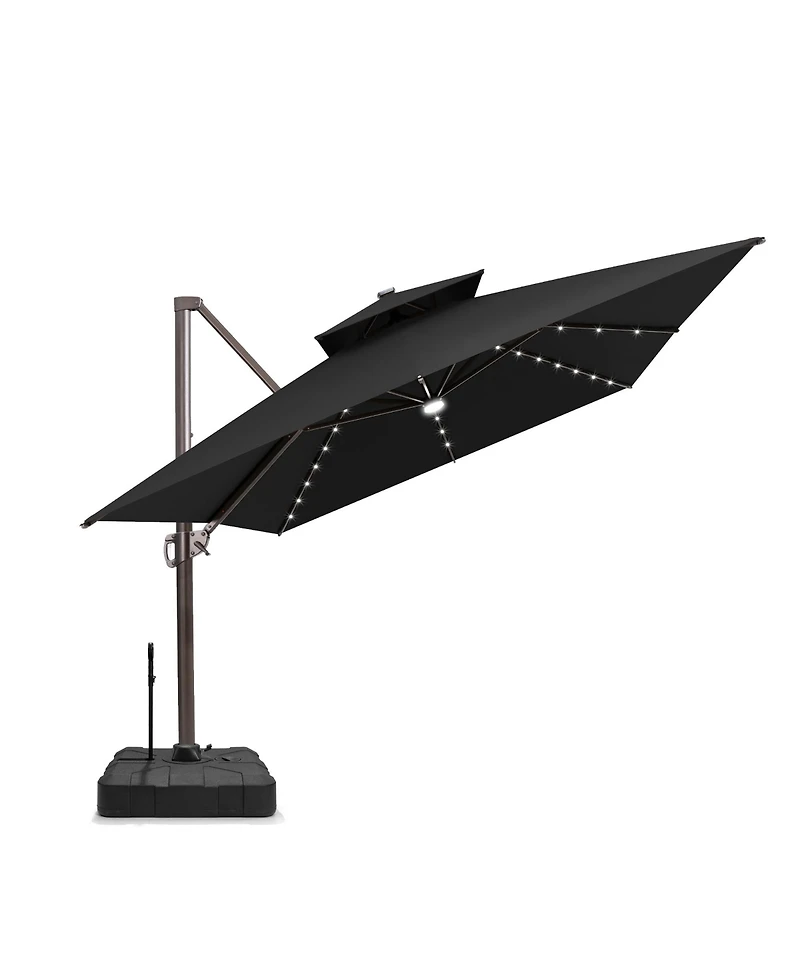 Pellebant Outdoor Patio 10X13Feet Aluminum Double Canopy Solar Lights Cantilever Umbrella with Rod Wheel Base