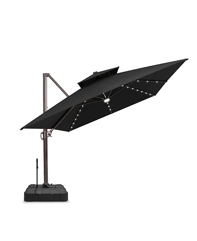 Pellebant Outdoor Patio 10X13Feet Aluminum Double Canopy Solar Lights Cantilever Umbrella with Rod Wheel Base