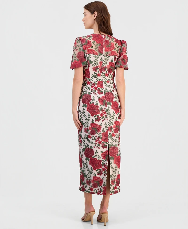 Adrianna Papell Women's Embroidered Puff Sleeve Dress