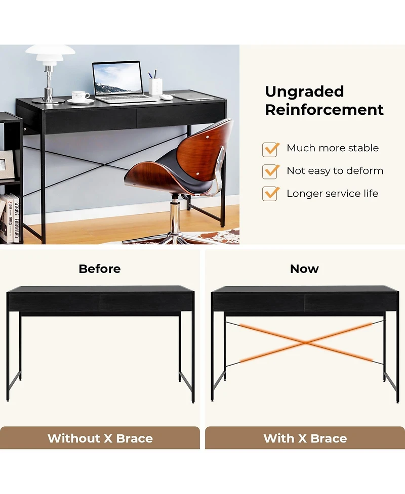 Gouun 2-Drawer Steel-Frame Writing Desk with Anti-Topple Hardware, Depth