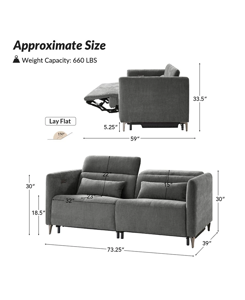 Hulala Home Teekam 73.25"W Power Reclining Zero Gravity Sofa with Adjustable Headrest And Footrest