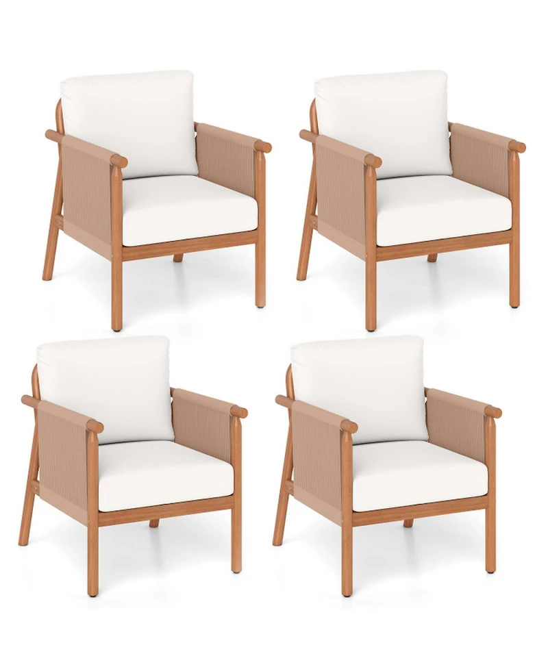 SUGIFT4 -Piece Acacia Wood Patio Chair Set with Woven Rope Armrests and Seat Back Cushions