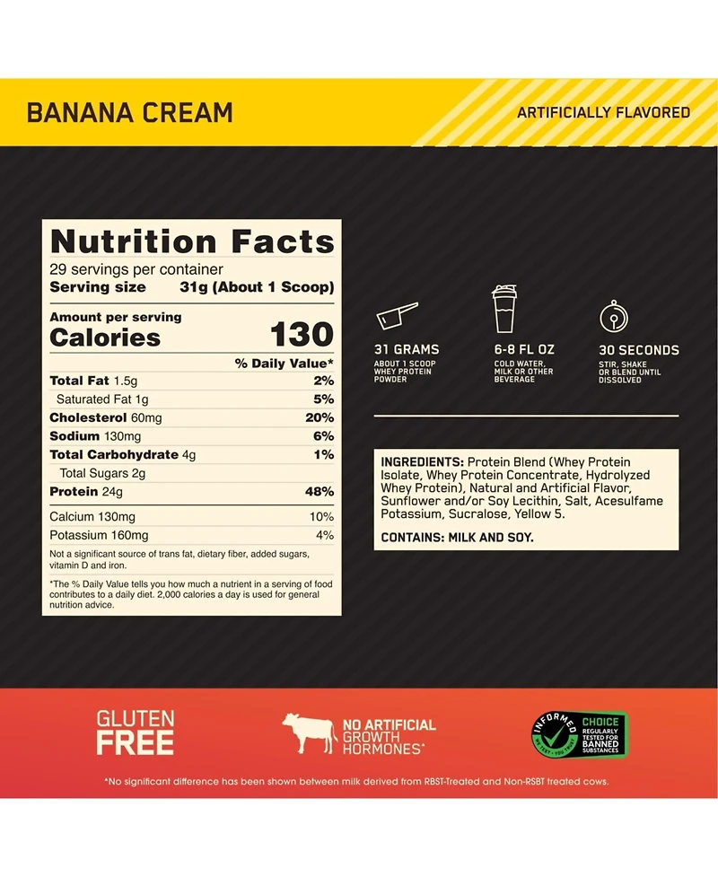 Optimum Nutrition Gold Standard 100% Whey Protein Powder, Banana Cream, 2 Pound (Packaging May Vary)