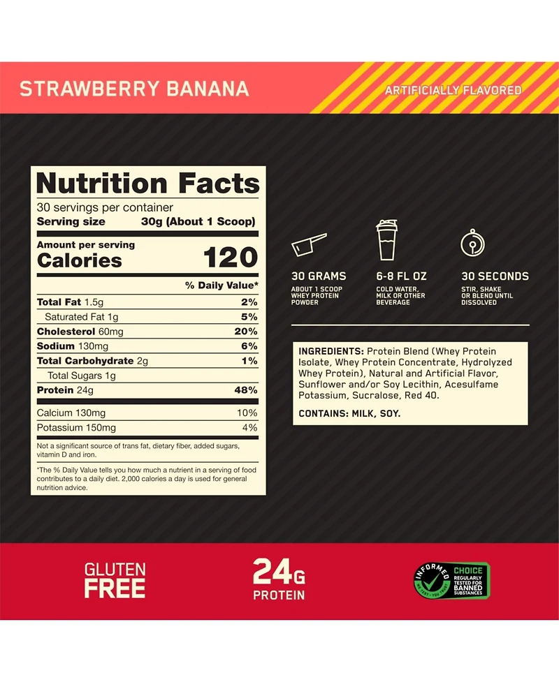 Optimum Nutrition, Gold Standard 100% Whey Protein Powder, 24 g Protein, Strawberry Banana, 2 lb, 30 Servings