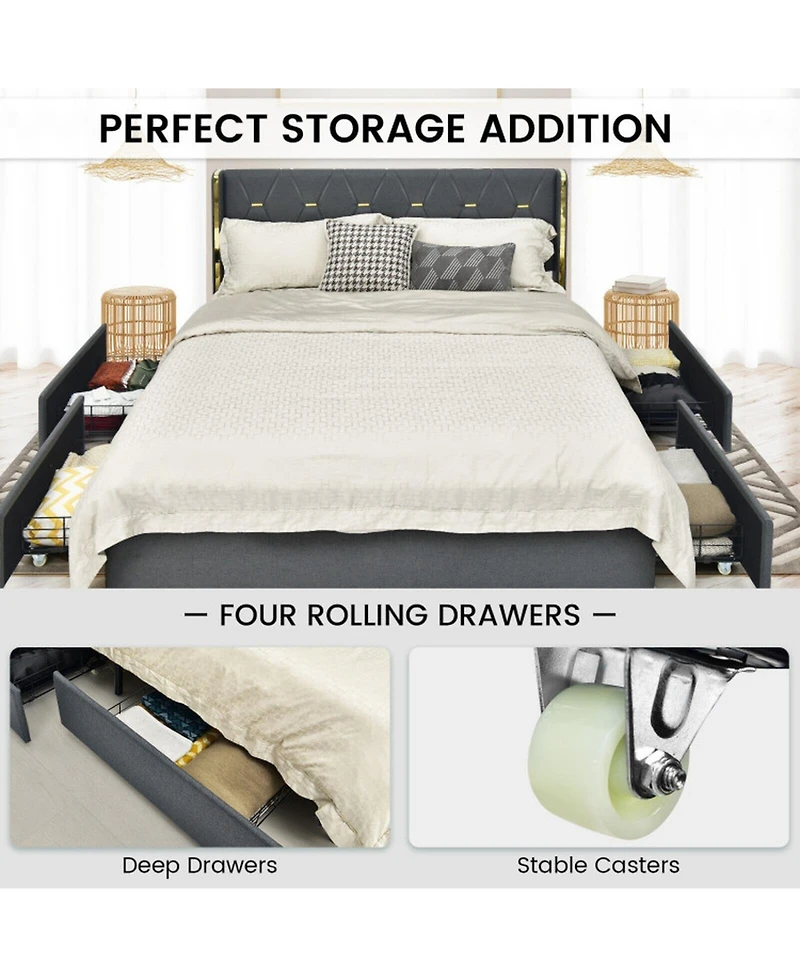 Gouun Full Upholstered Platform Bed Frame with 4 Rolling Storage Drawers